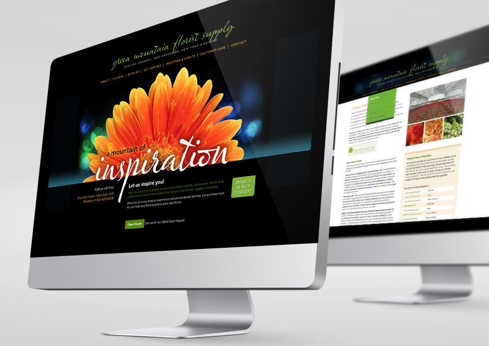 2 desktops displaying Green Mountain Florist Supply website