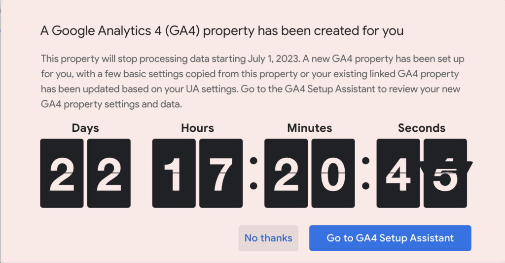 A pop-up asking Google users to set up the new GA4