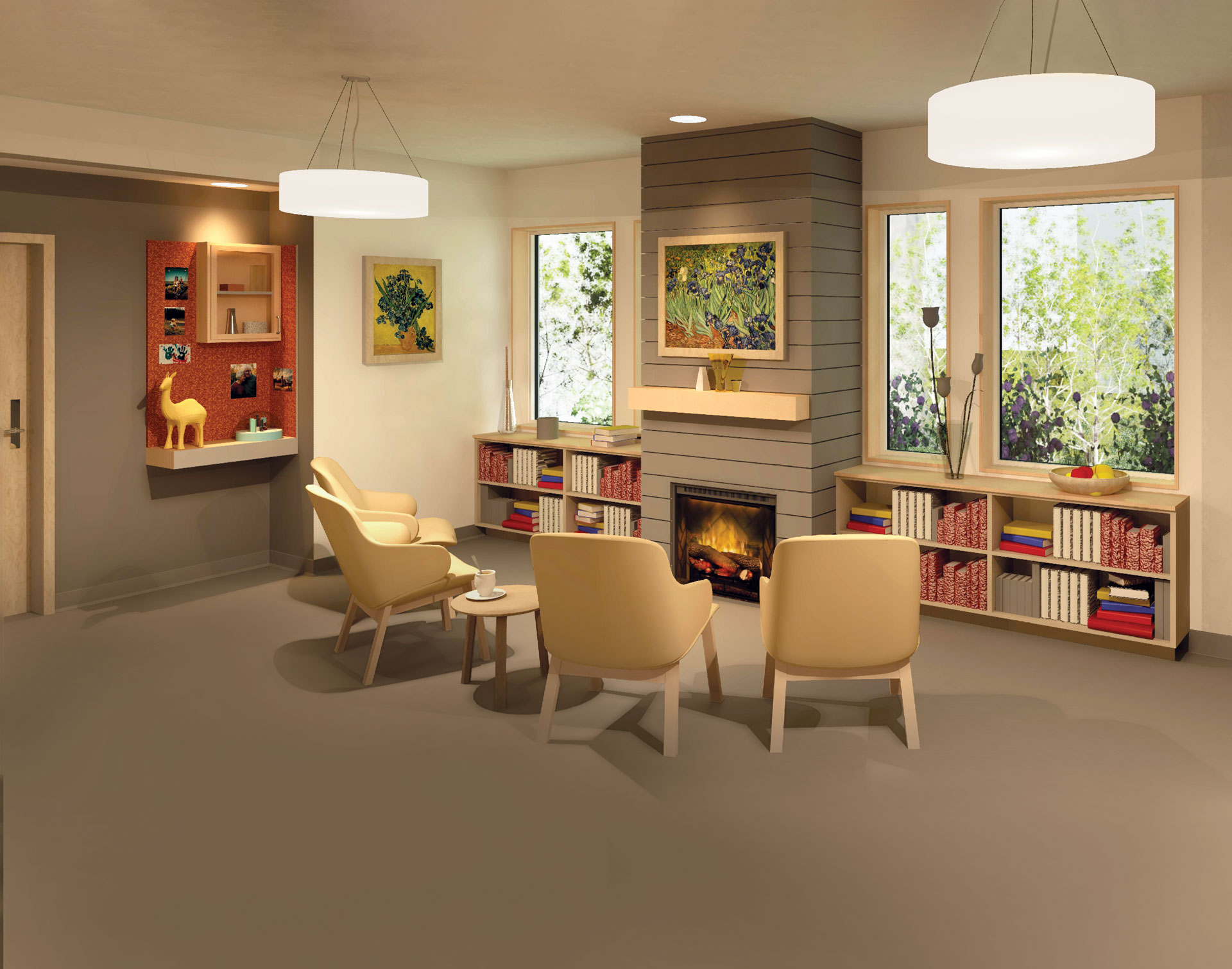 Rendering of a living room at a memory care facility