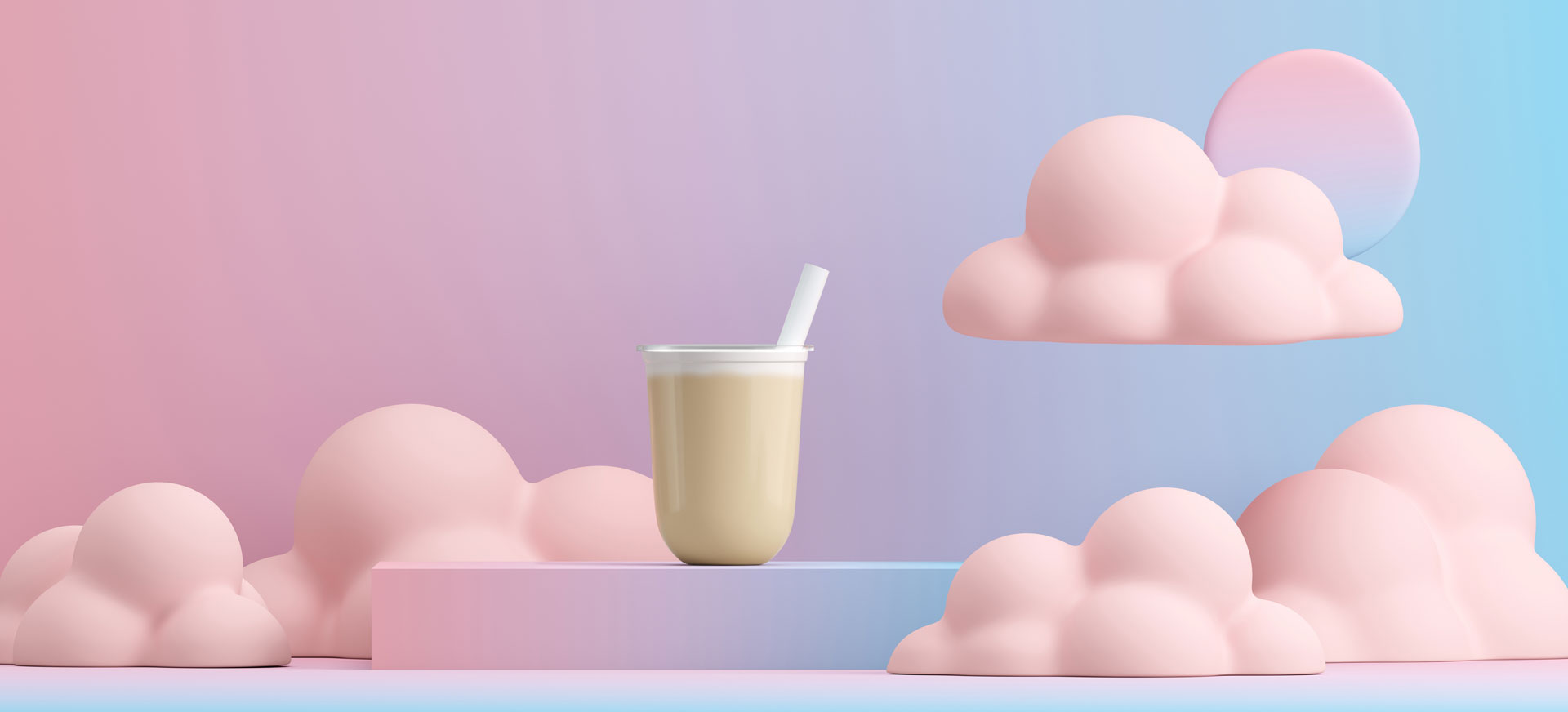Soft blue and pink background with puffy pink clouds and cup of coffee in the middle with a straw
