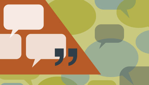 An abstract graphic of overlapping speech bubbles and quote marks