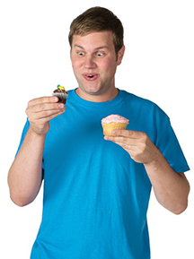 Vermont Federal Credit Union advertising man holding cupcakes