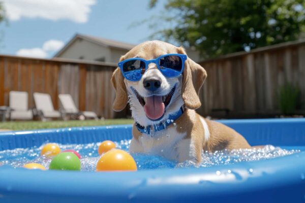 pup in sunglasses cools off in a backyard pool