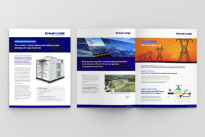 Three colorful Dynapower brochures spread across a table