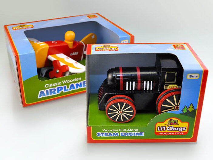 Wow Toyz wooden steam engine and airplane toys packaging