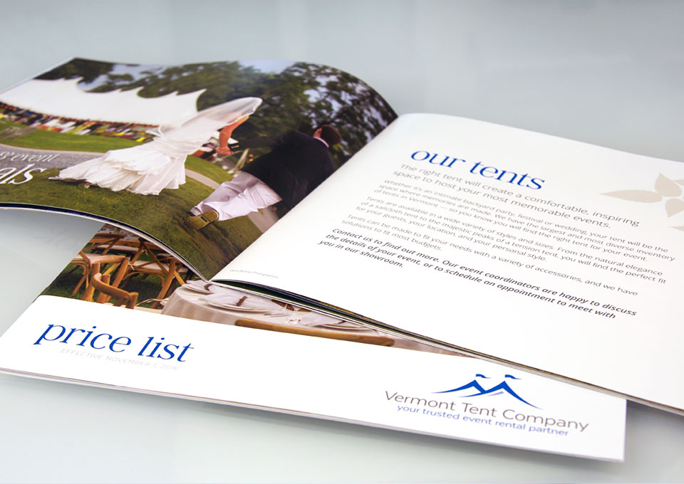 Vermont Tent Company brochure inside page and cover