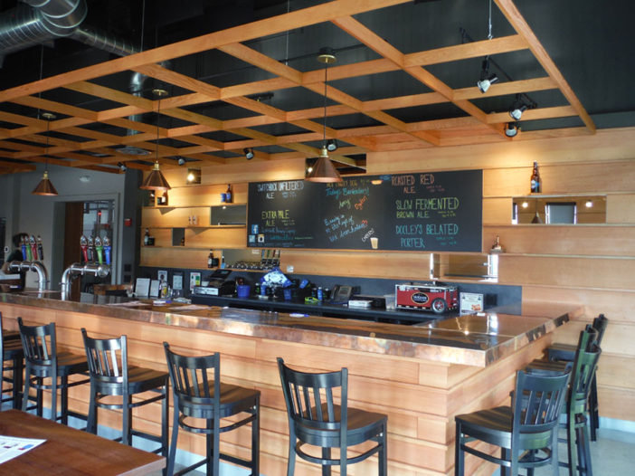 Bar area with chairs, blackboard in background