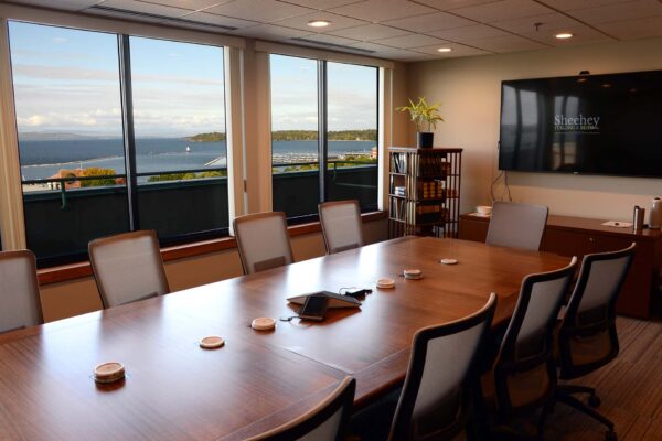 sunny conference room with view of lake