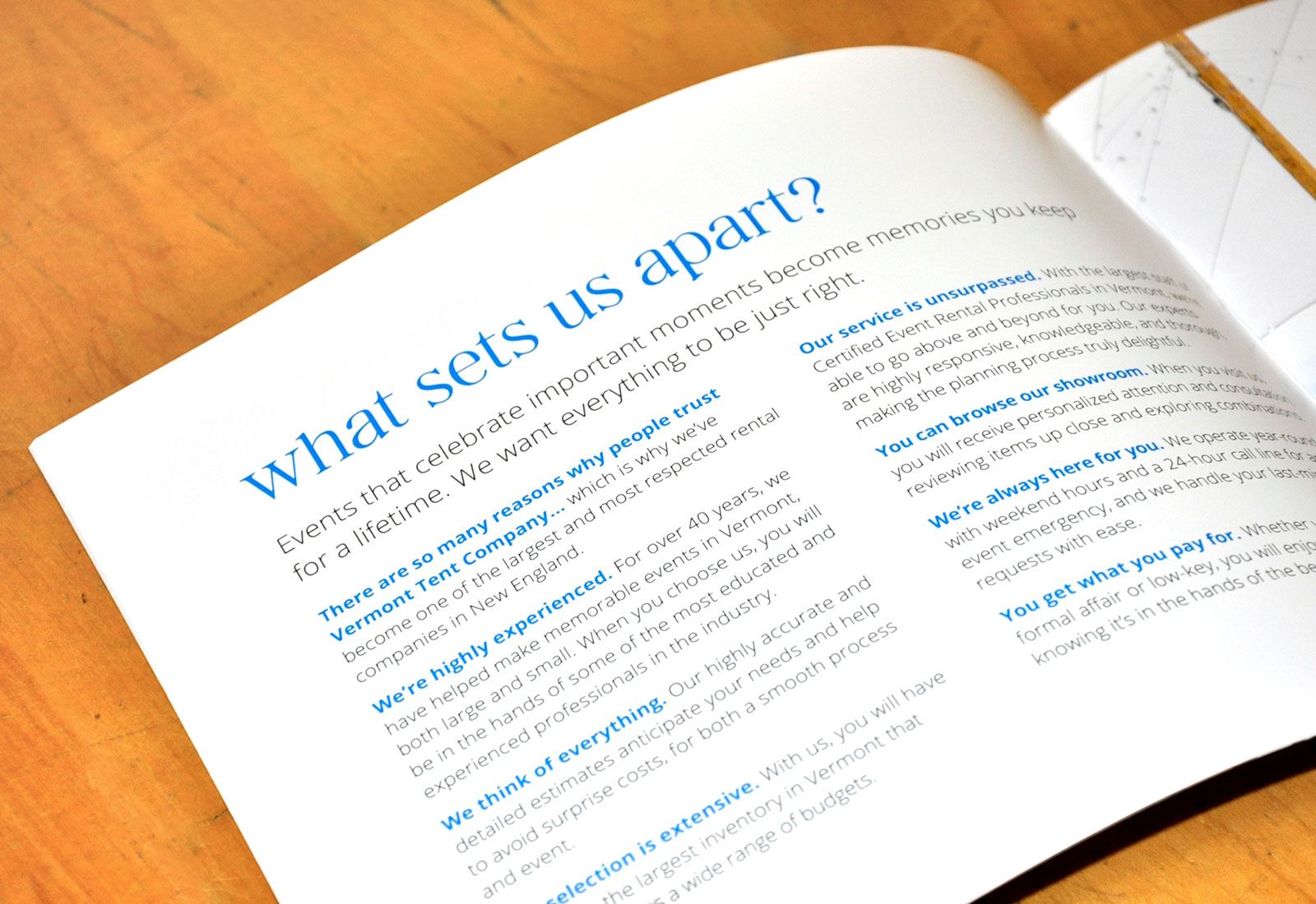 A page of a booklet opened up to a page titled "What sets us apart?"